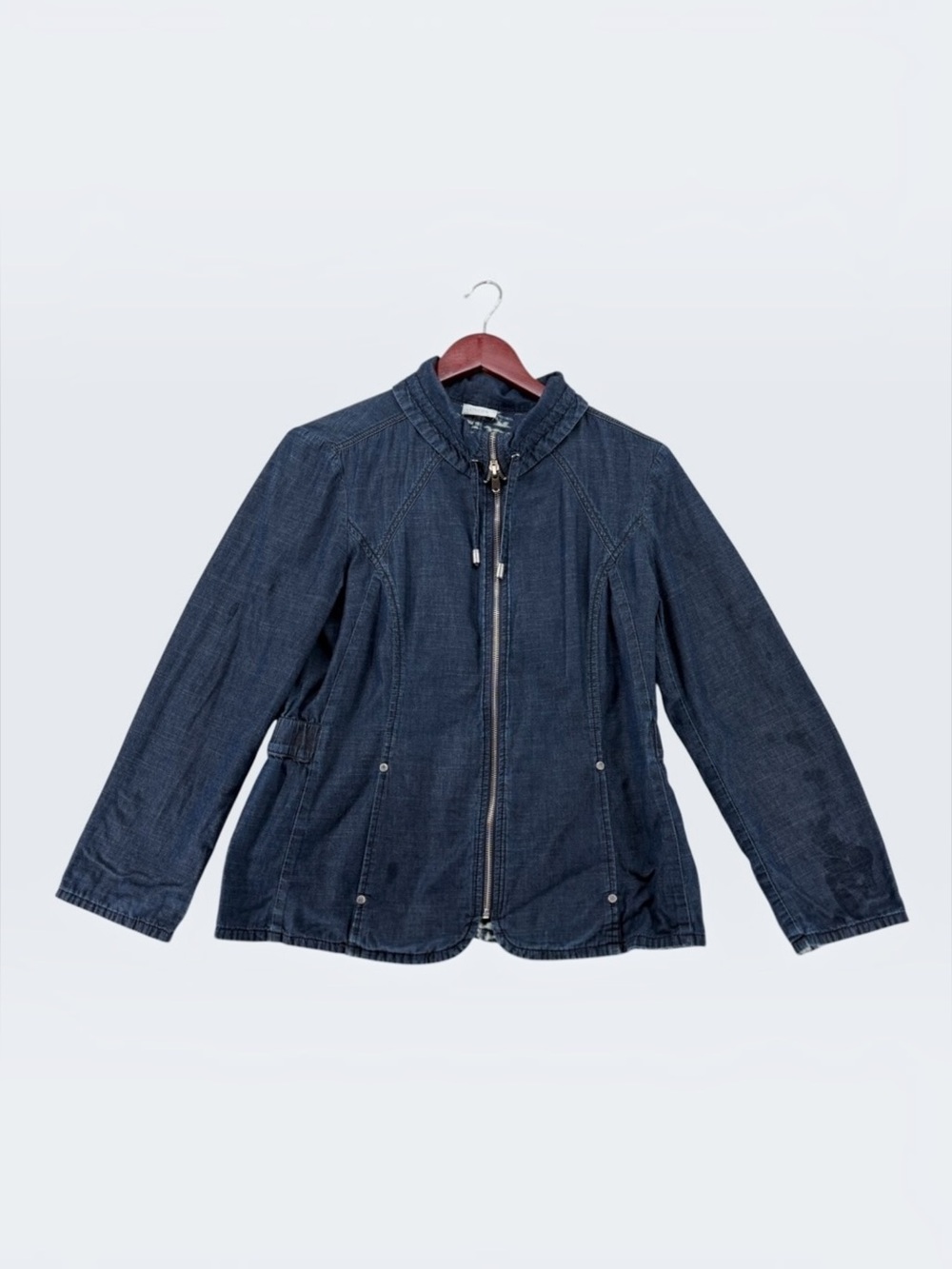 Chico's Women's Jacket Est Size M Blue Denim Zip Front Reversible Utility Casual